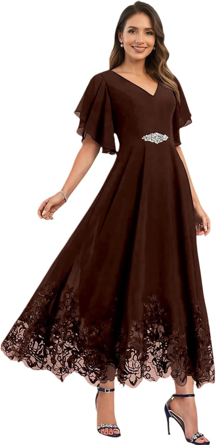 Tea Length Mother of Bride Dresses with Sleeves Chiffon V-Neck Lace Beaded Formal Evening Dresses for Women UU205