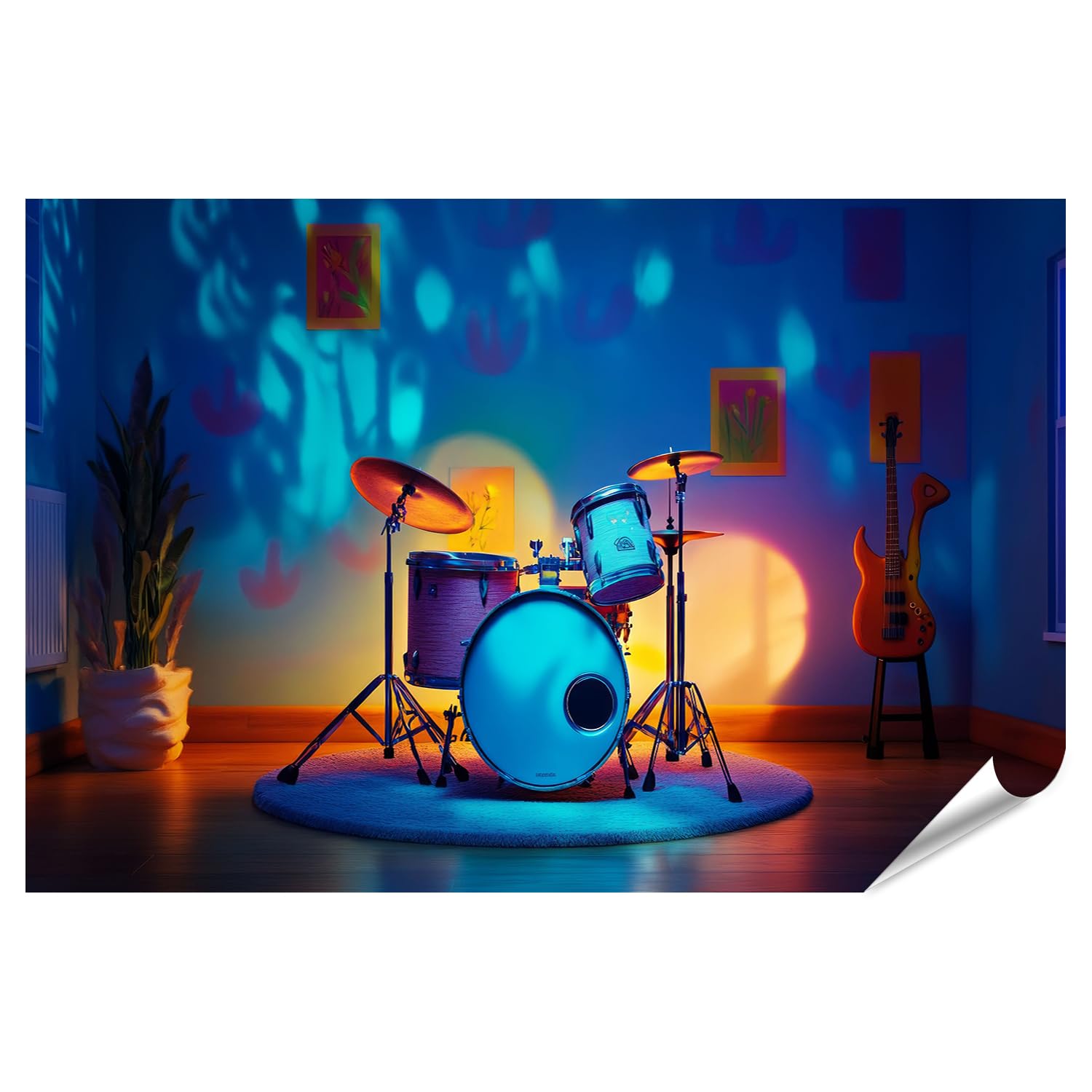 islandburner Prime XXL - Poster con batteria e chitarra con illuminazione colorata per camera musicale, musicista, negozio di musica, immagini di alta qualità