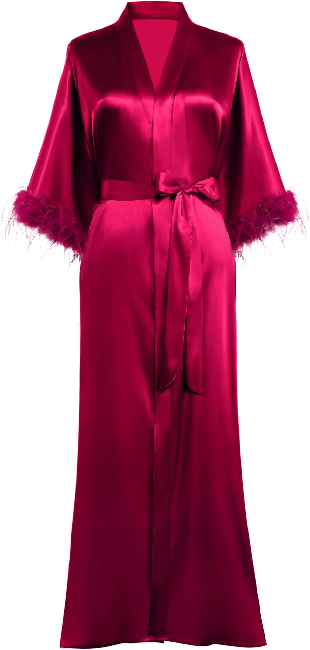 Satin Kimono Robe Long Silky Bath Robe with Ostrich Feather Trim Sleepwear Wedding Bridesmaid Robe