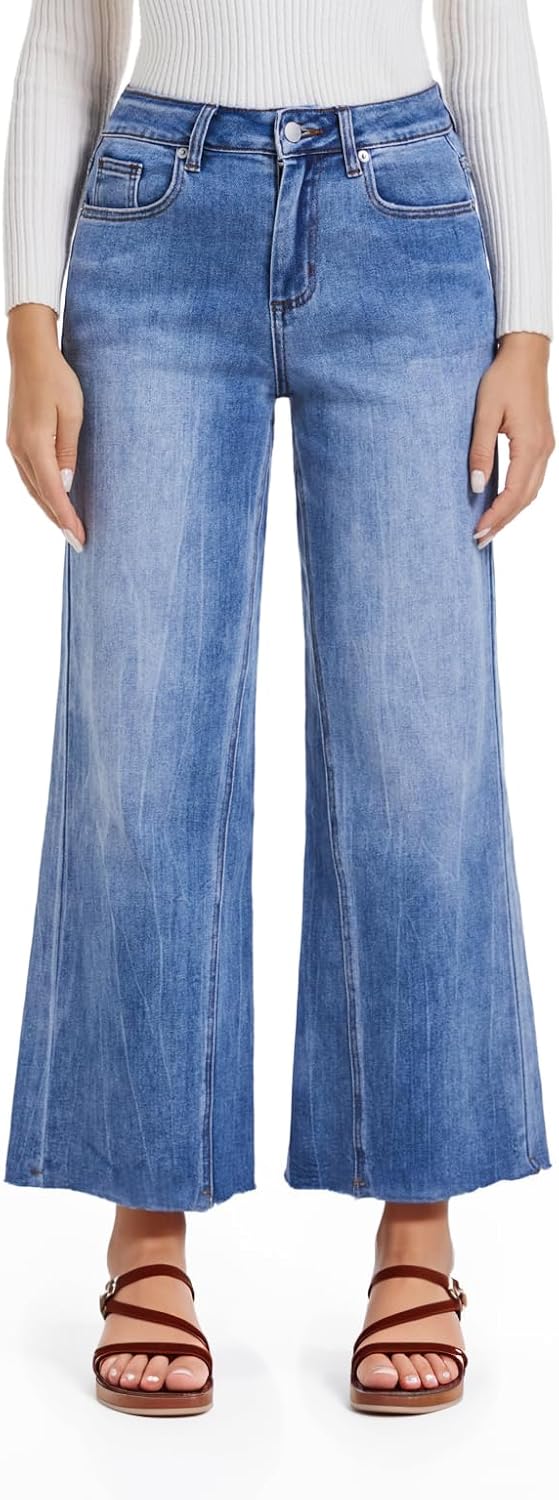 Wide Leg Jeans for Women Trendy High Waisted Flare Jeans Stretchy Baggy Denim Blue 8
