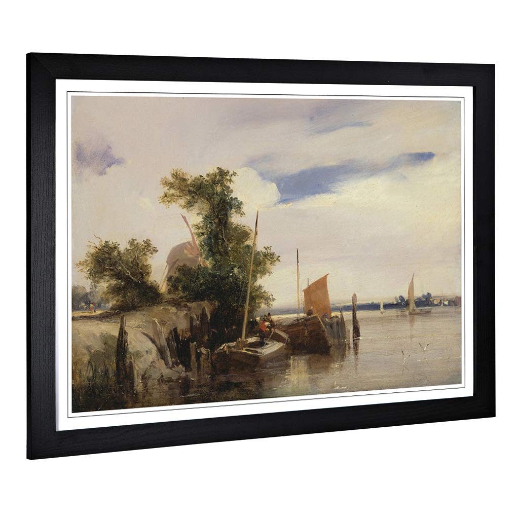 Big Box Art Framed Print of Richard Bonington Barges on a River Design | Wall Art Picture | Home Decor for Kitchen, Living Room, Bedroom, Hallway, Black, A2 / 24.5x18 Inch / 62x45cm