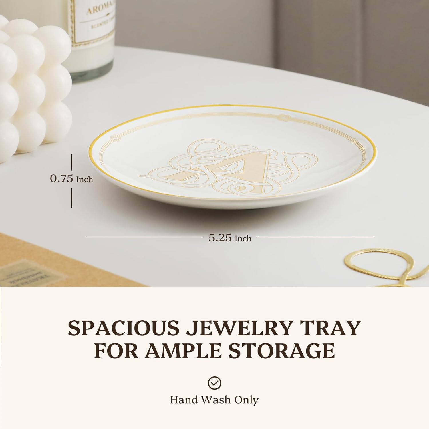 LIFVER 5.25" Ceramic Jewelry Tray, Gold Rim Trinket Dish Jewelry Catchall for Rings, Earrings, Bracelets, Mini Jewelry Bowl for Dresser, Nightstand, Home, Thanksgiving Day Gift for Women (A) - Image 2