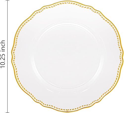 Miniatura 98 de Hioasis 60 platos de plástico dorados, vajilla desechable blanca y dorada con borde dorado, resistente, 10.25 pulgadas, platos llanos para fiestas