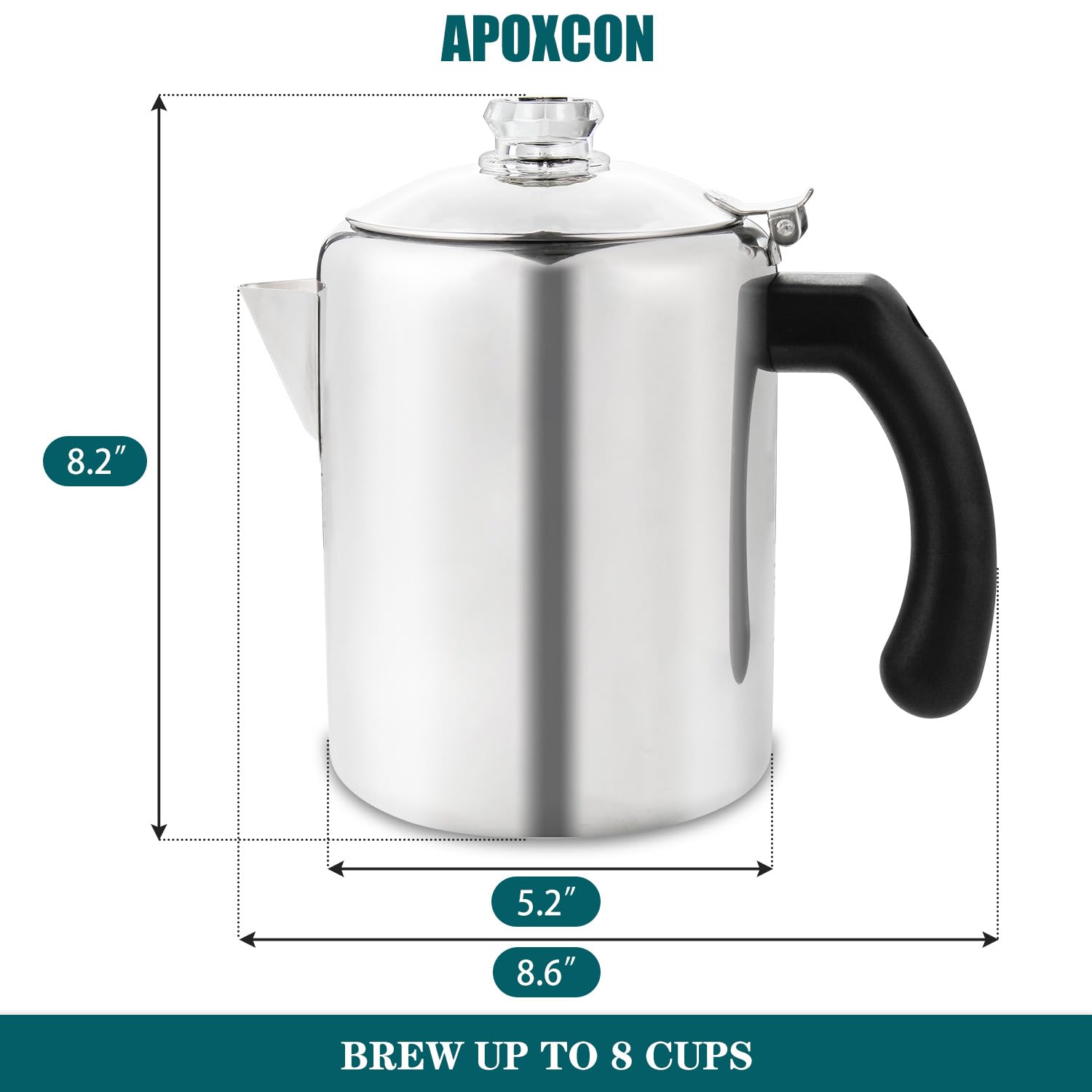 APOXCON Coffee Percolator Pot Stainless Steel Coffee Maker with Heat Resistant Tough Glass Knob Camping Coffee Pot Using on any Stovetop Silver 8 Cup - Image 2