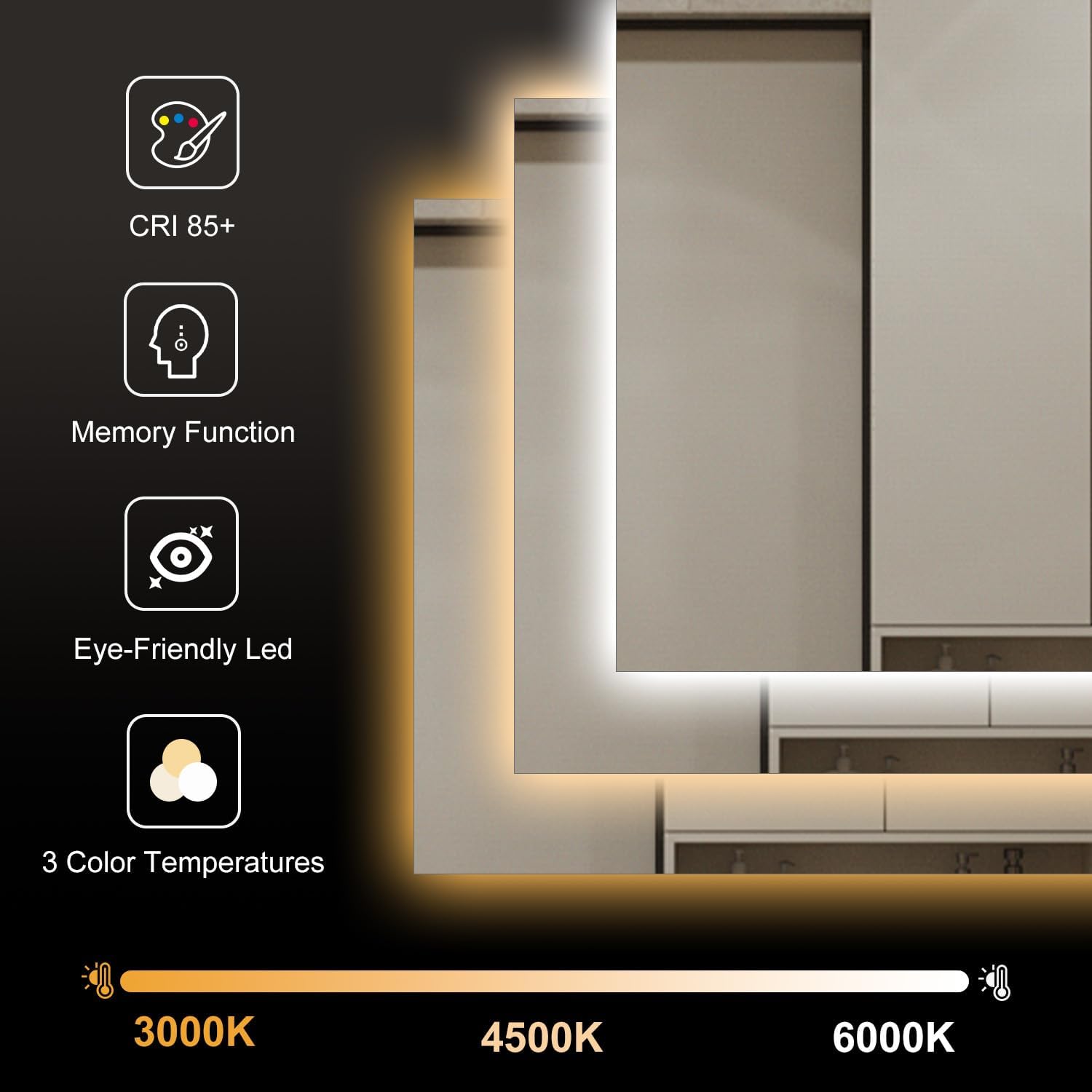LED Bathroom Mirror 40"x32", 3-Colors Backlit, Stepless Dimmable, Anti-Fog, Memory, Wall Mounted Vanity Mirror with Lights, Eco Copper-Free, Perfect for Bathroom & Bedroom