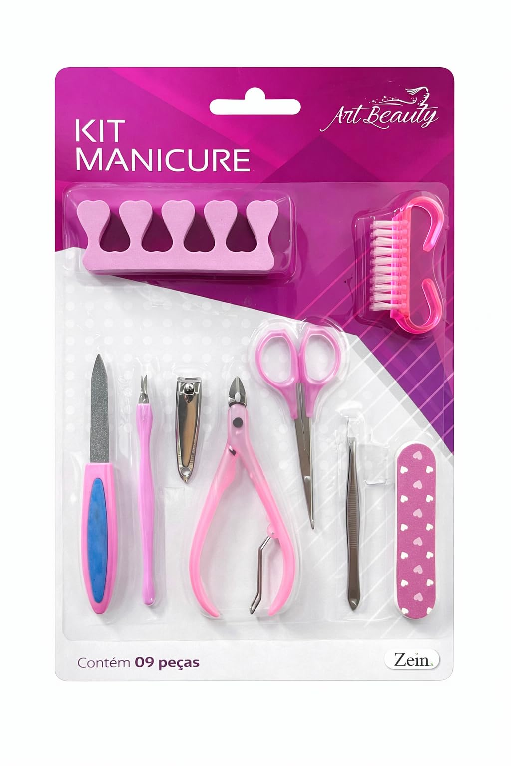 KIT MANICURE 9 PEÇAS ROSA COM ALICATE TESOURA LIXA SEPARADOR DE DEDOS