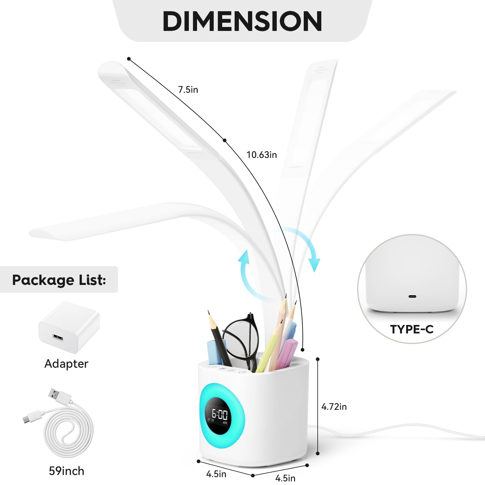 Hokone Schreibtischlampe Kinder, Dimmbar LED Schreibtischleuchte mit Stifthalter, Uhr, Wecker, Farbnachtlicht, USB-Anschluss, 4 Farbtemperatur/5 Helligkeitsstufen für Arbeit, Studium, Büro