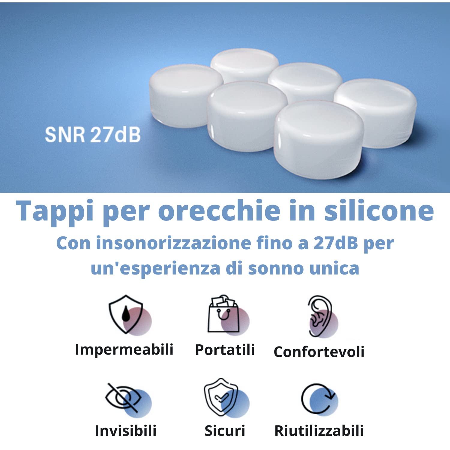 [6 Paia] Tappi Orecchie Per Dormire Universali Massima Qualità, Igiene, Riduzione Rumore Forti, Bloccano Russare, Isolanti, Insonorizzanti, Bambini, Antirumore, Adattabili DPI Professionali