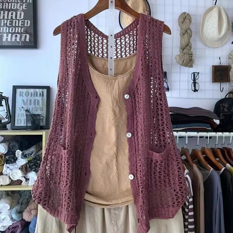 Gilet Donna, Canotta all'Uncinetto Donna Morbido Cotone Bottoni sul Davanti Senza Maniche Cardigan Estivo Traforato Canotta Casual Maglia Leggera Copricostume per L'Uso Quotidiano e Feste