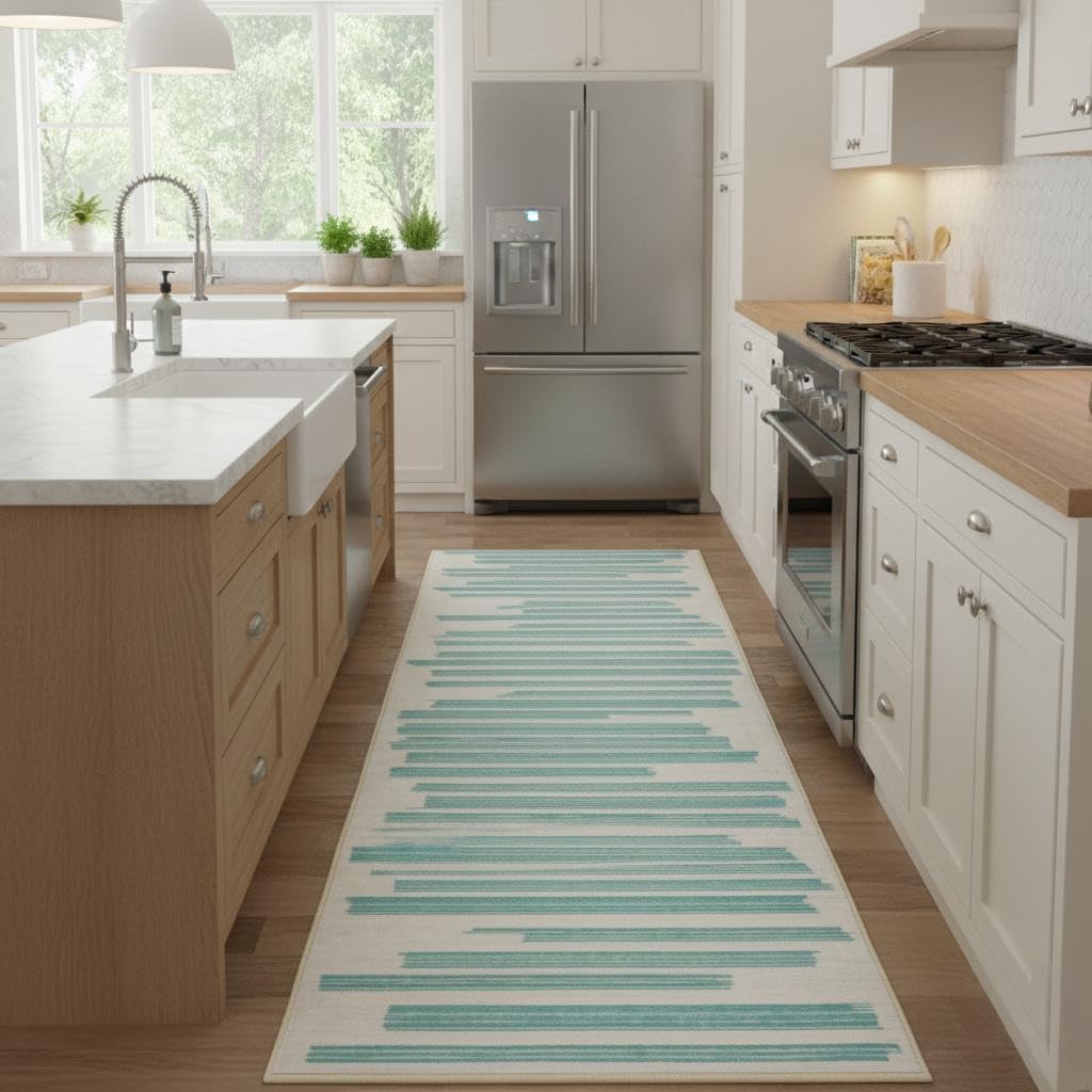 GarveeHome Turquoise 2x6 Runner Rug for Hallway: Modern Striped Non Slip Hallway Washable Runner Rug Low Pile Non-Slip Washable Carpet for Kitchen Striped Modern Soft Stain Resistant Carpet.