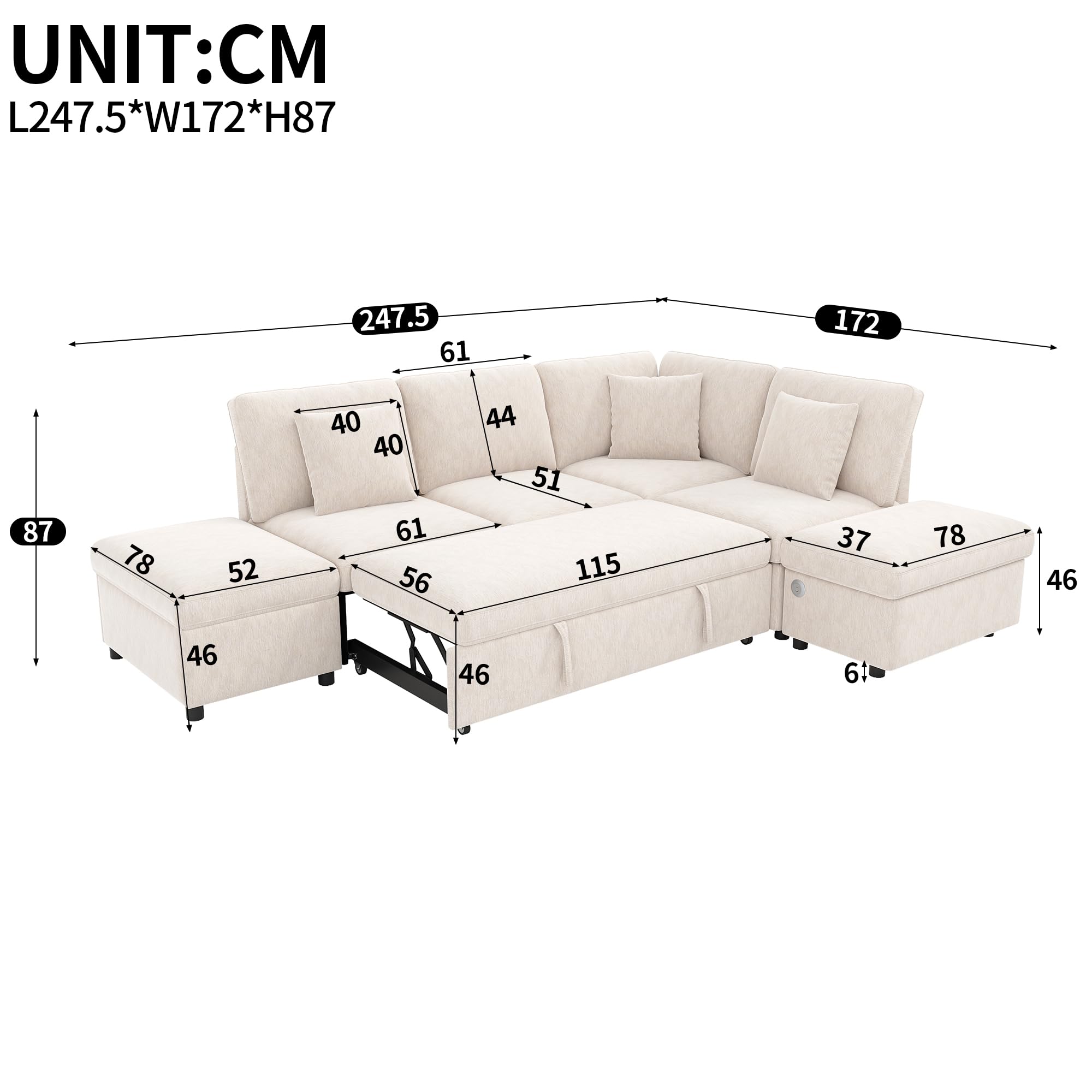 Sapgaks Sofá Convertible de 6 plazas en L con USB C y almacenamiento, gran sofá esquinero Convertible en Chenille con cojines, sofá cama modular en el salón Appt, beige | B0H6X5KR6N