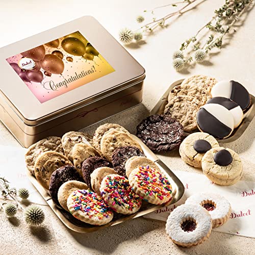 Dulcet Gift Baskets Congratulations Celebration Delightful Cookie Gift Box Assortment with Traditional Black and White - Sprinkle Cookies, - Assorted Flavors Gift for Holidays, Birthday, Baby Shower or Office Gaterings for Men & Women