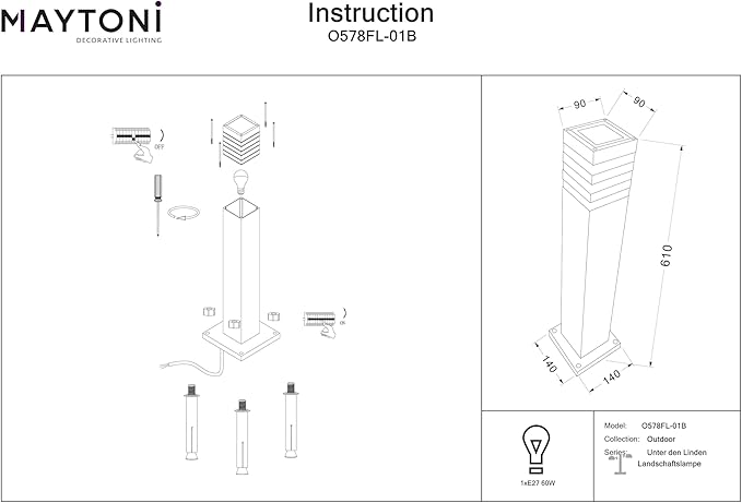 MAYTONI DECORATIVE LIGHTING Straatlantaarn voor buiten, lichtklemmen, 1 lamp, staande lamp, moderne stijl, aluminium frame, zwart, rechthoekige glazen plafondlamp, 1 x E27 60 W excl. IP54 220V photo 3