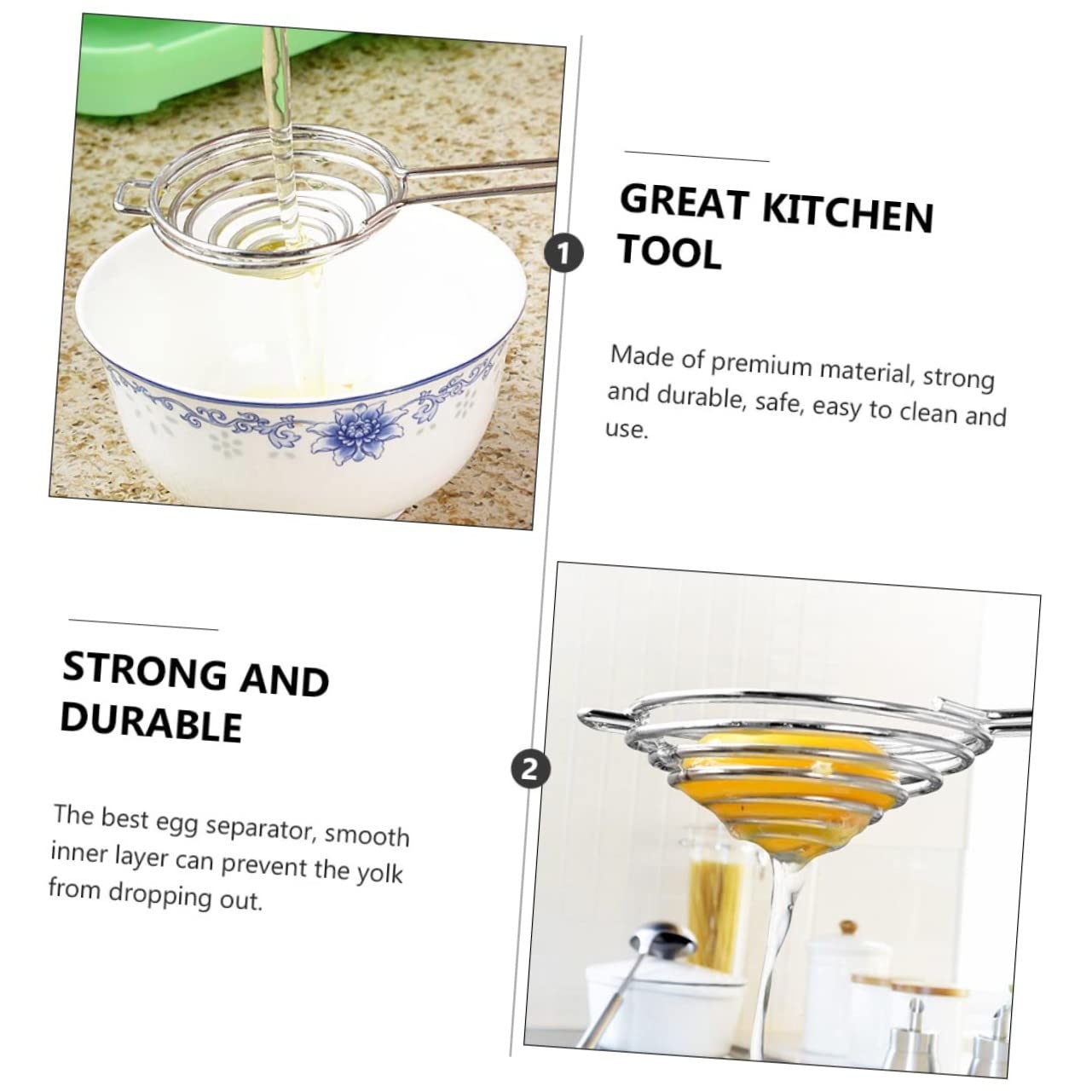 VINTORKY Egg White Separators 2pcs Long Handled Yolk Filter Sieve Perfect Baking Tool for Housewives Professional Chefs