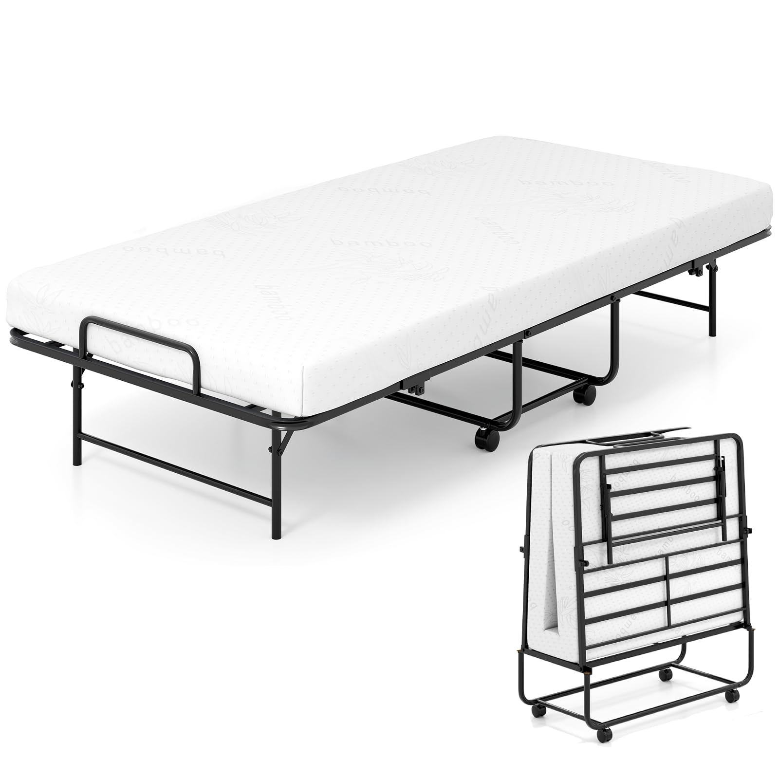 Multigot Folding Bed with 10cm Thick Memory Foam Mattress and Wheels, Portable Rollaway Sleeper Bed, Metal Frame Foldable Single Beds Compact Fold up Guest Beds for Home Office Camping