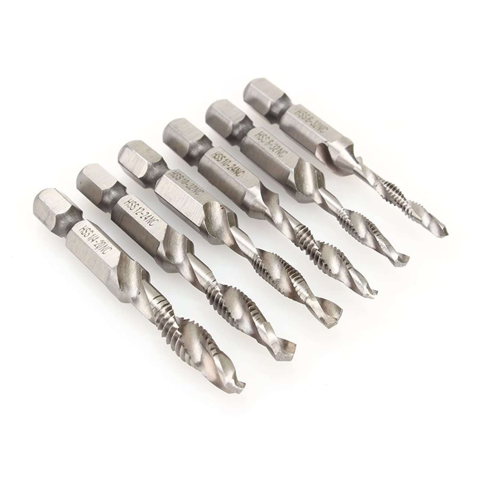 6pc Hex Shank HSS Screw Spiral Point Thread Metric Plug Hand Tap Drill Bits 6-32NC, 8-32NC, 10-32NC, 10-24NC, 12-24NC, 1/4-20NC MINGPING