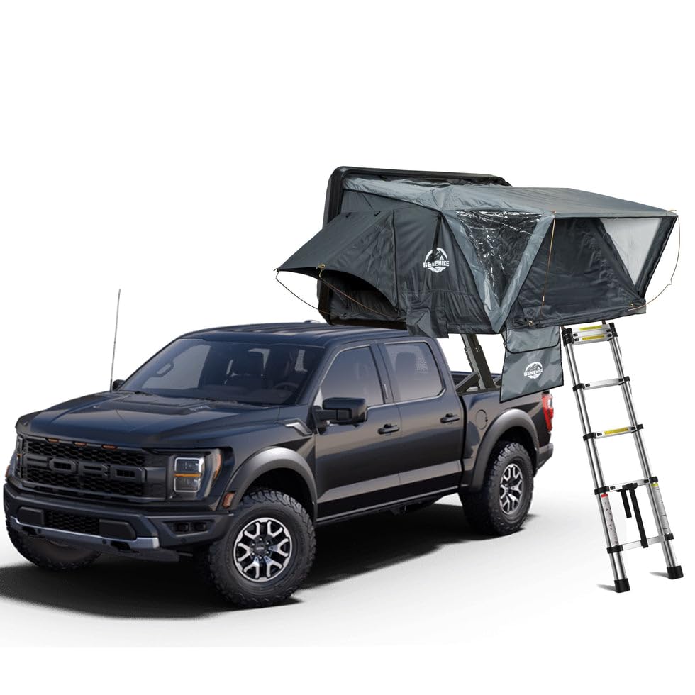 BENEHIKE BIVVYY V2 Rooftop Hard Shell, Vehicle Mounted Pop Up Hardshell Roof Top Tent, Side Open Rooftop Tent with Rainflys for Van SUV Truck (4+ Person)