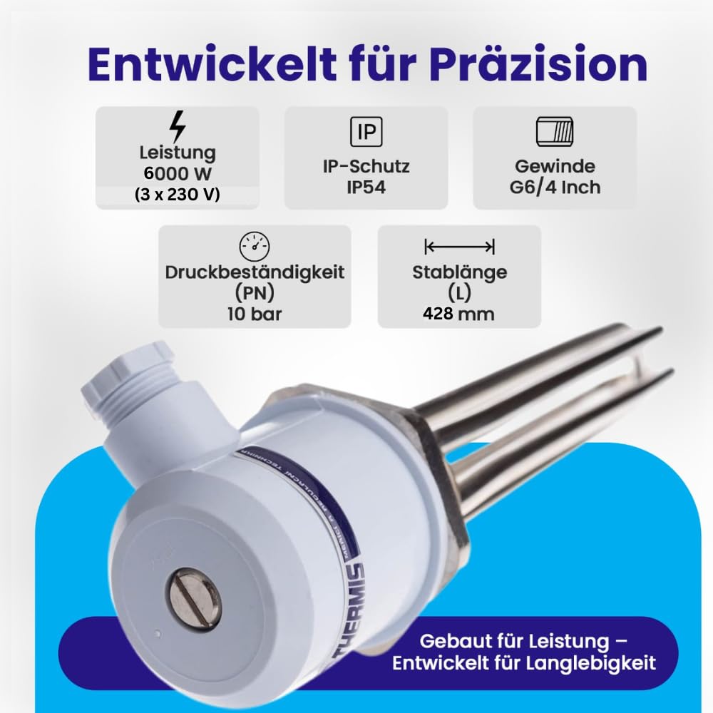 Grzałka do podgrzewania wody i podobnych płynów Grzałka do urządzeń grzewczych, kotłów elektrycznych G6/4” IP 54 (6000W, 1x230V/3x230V)