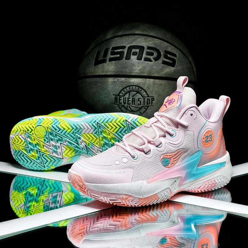 KIUSMETY Womens Mens Basketball Shoes Lightweight Fashion Breathable Comfortable Non Slip Sport Indoor Outdoor Volleyball Sneakers for Unisex Greenpink Size 7.5