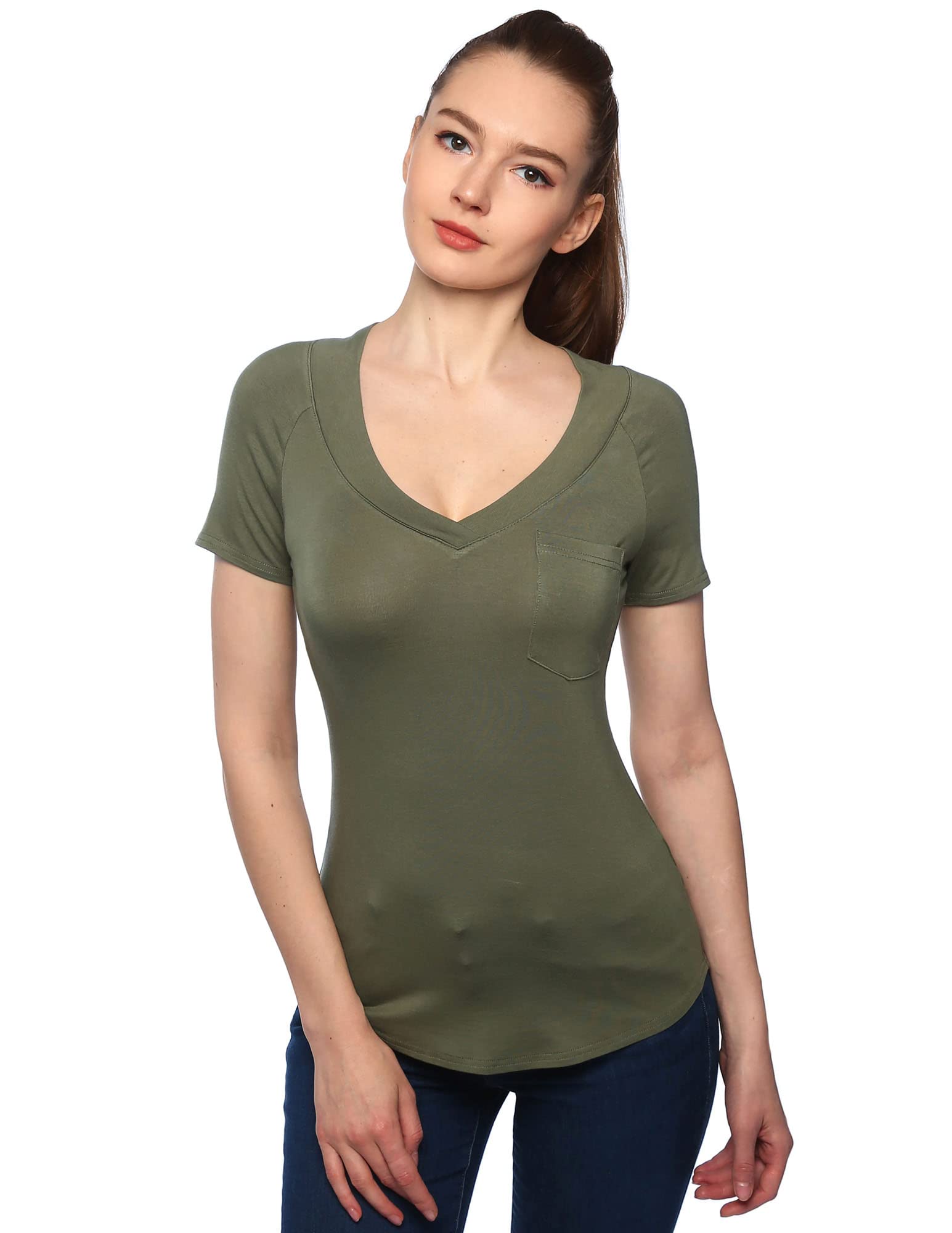 AmélieBoutikAmlieBoutik Women Slim Fit Chest Pocket Shirt V Neck Raglan Short Sleeve Solid Basic Top Blouse