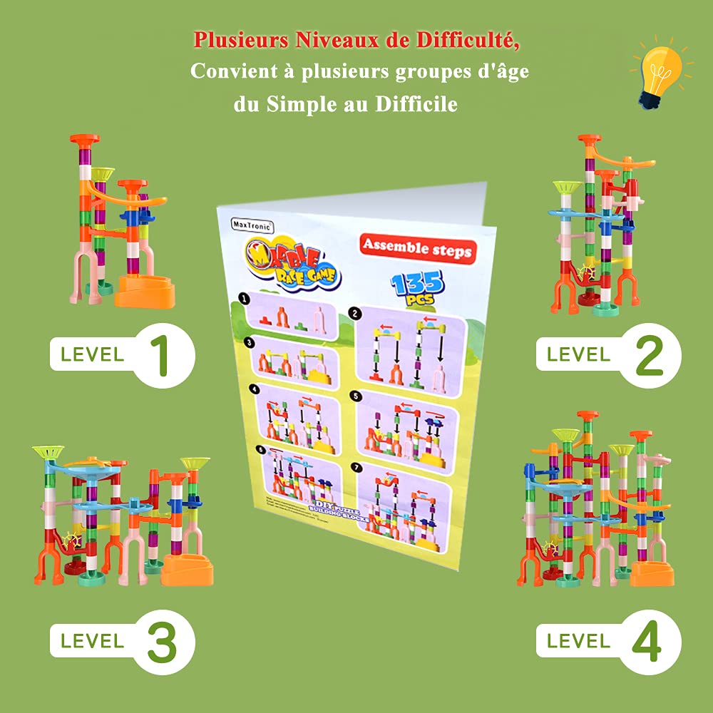 MaxTronic Jeu de Construction - 135Pcs Circuit de Billes Solide & Stable pour Enfant, Ludique Apprentissage Facile à Installer Jouets éducatifs Montessori Anniversaire Cadeaux Fille Garçon 3 Ans +