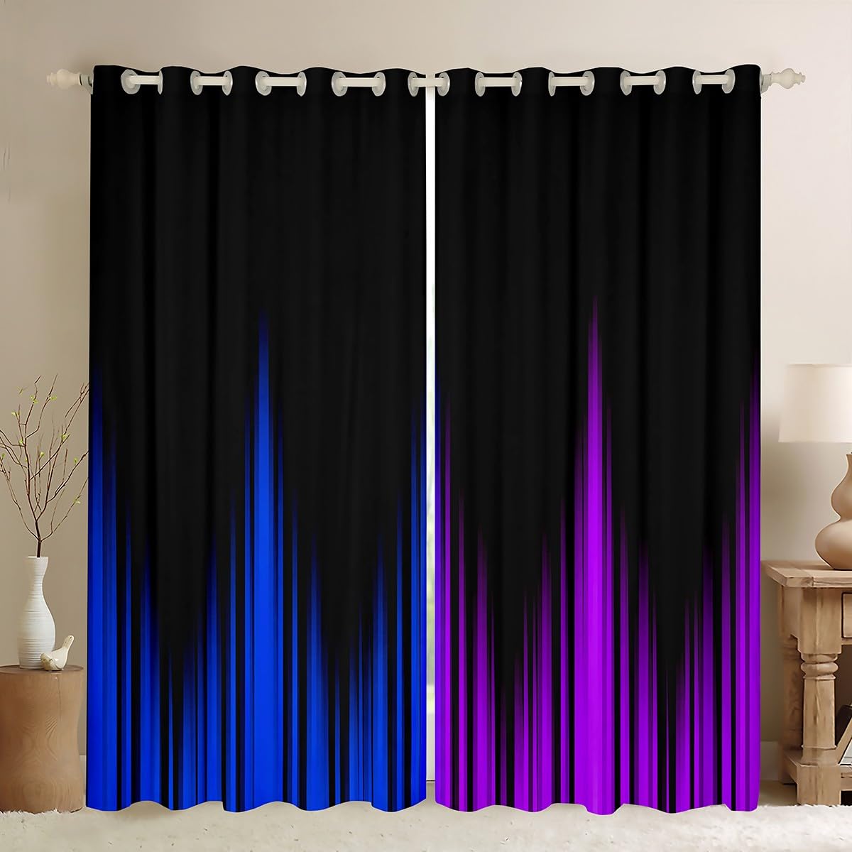 Feelyou Ombre Window Curtains Ombre Striped Darkening Drapes Blue Purple and Black Darkening Drapes Kids Room Decor Boys Girls Geometrics Lines Window
