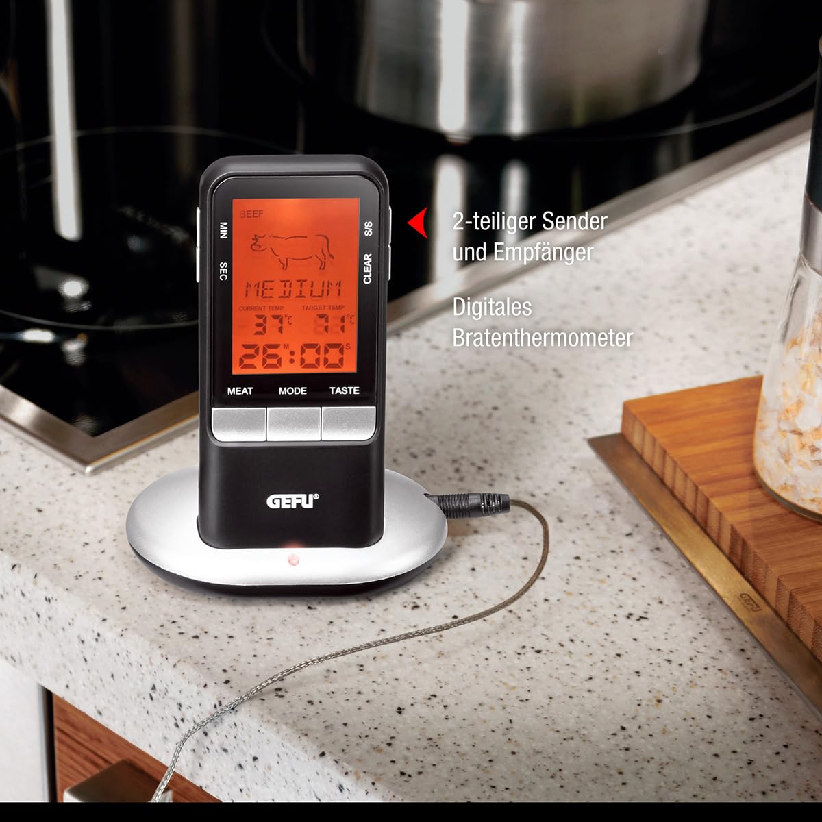 GEFU Funk-Bratenthermometer HÄNDI - Digitales Grillthermometer mit Timer