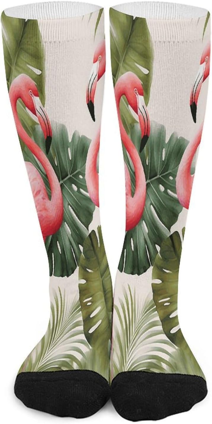 Flamingo Palm Trees Leaf Compression Sock Circulation Support Socks Lightweight Knee High Tube Sock Over-The-Calf Sock for Adult