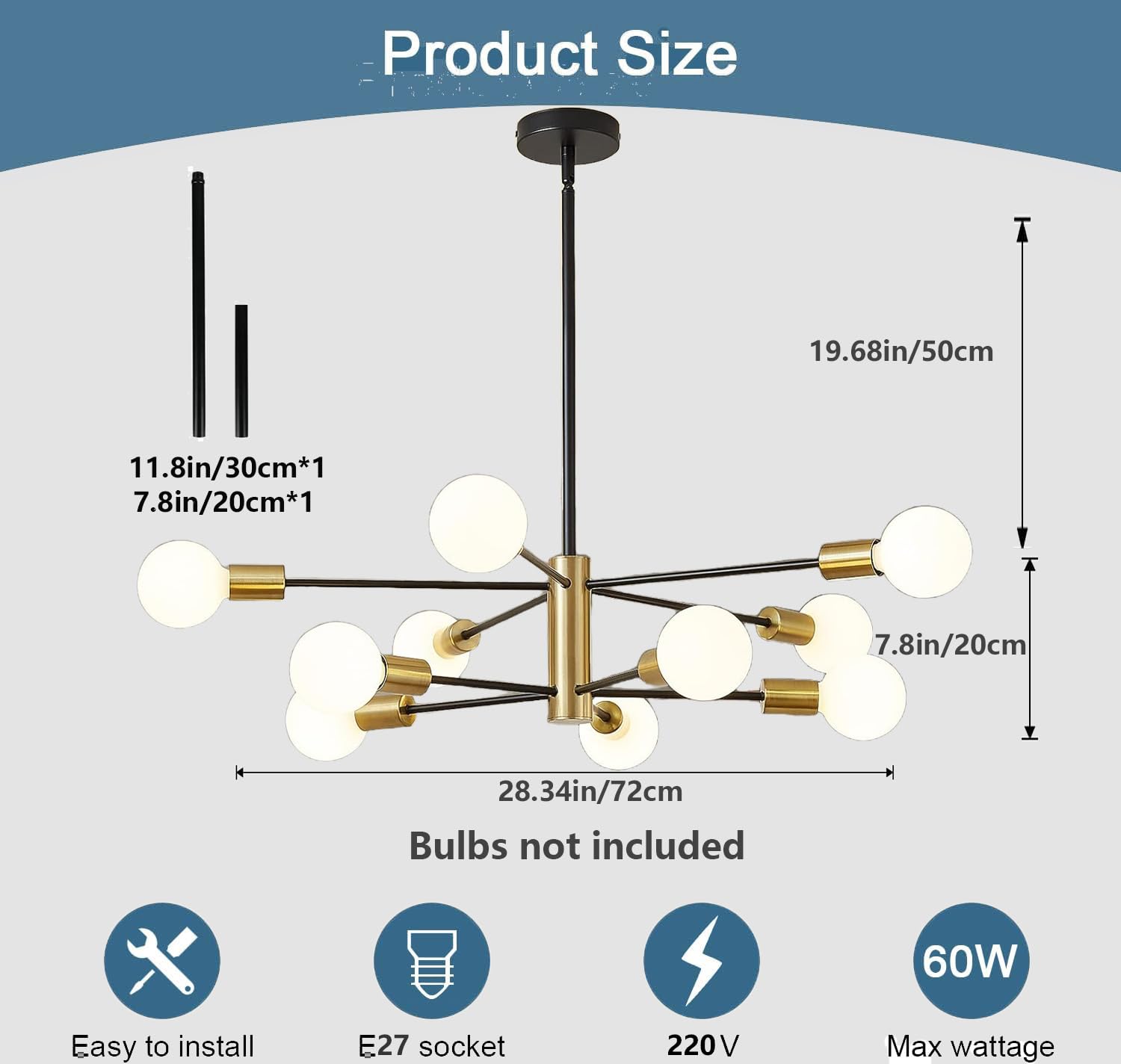 Lampadario Moderno, Lampada a Soffitto Sputnik, Lampadario Oro e Nero in Stile Fattoria, Plafoniera sopra il Tavolo, Lampada a Sospensione a 10 Fiamme per Sala da Pranzo, Soggiorno