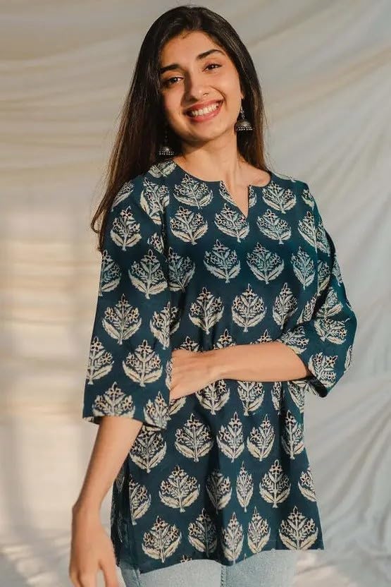 Image of Women's Short Kurti in Multicolor Rayon Cotton Blend | Ladies Ethnic Tunic | Office