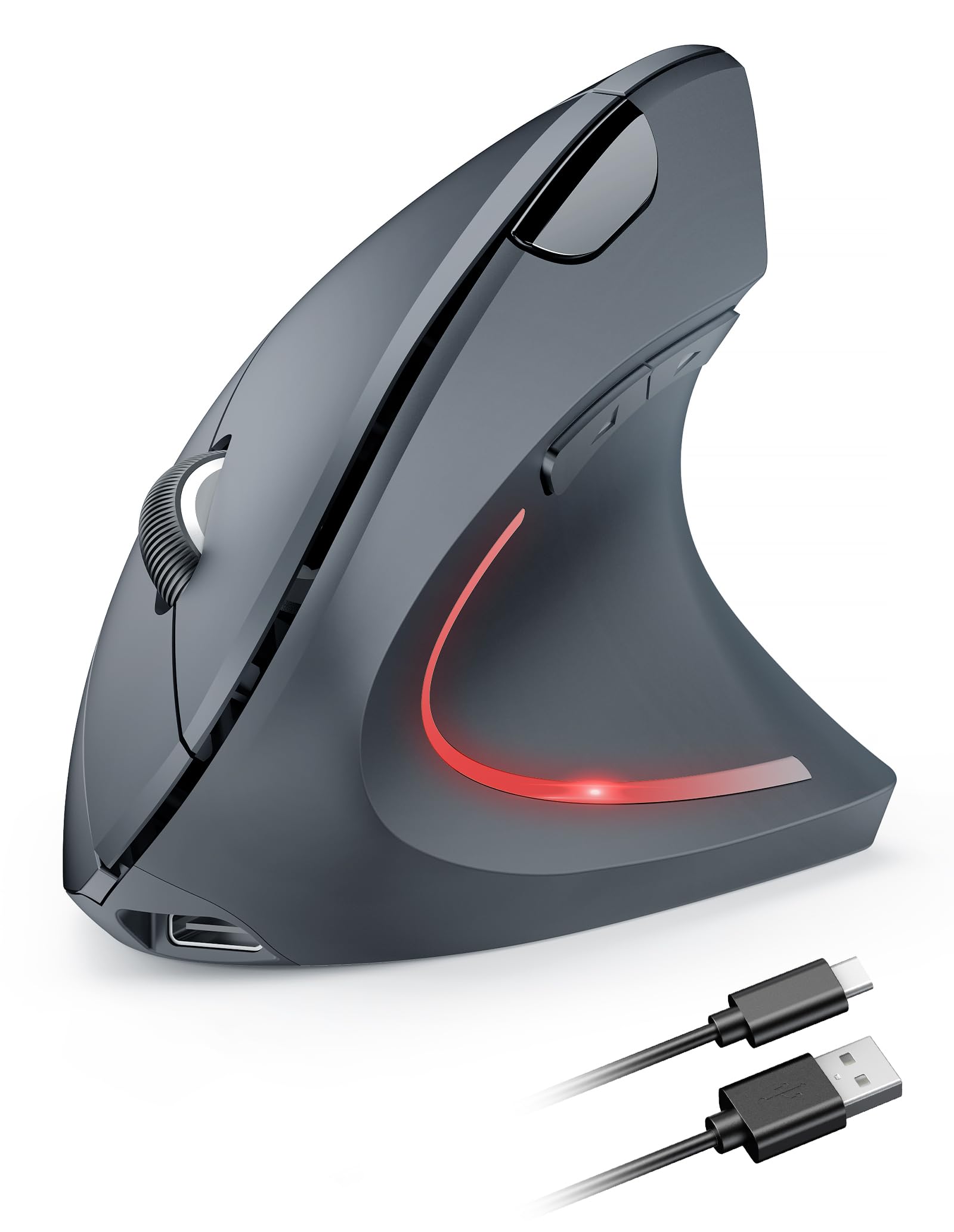 TECKNET Mouse ergonomico senza fili ricaricabile con tracciamento ottico 4800 DPI regolabile, mouse silenzioso 2.4G, 6 pulsanti, LED per computer, portatili, Mac, PC, Windows, grigio