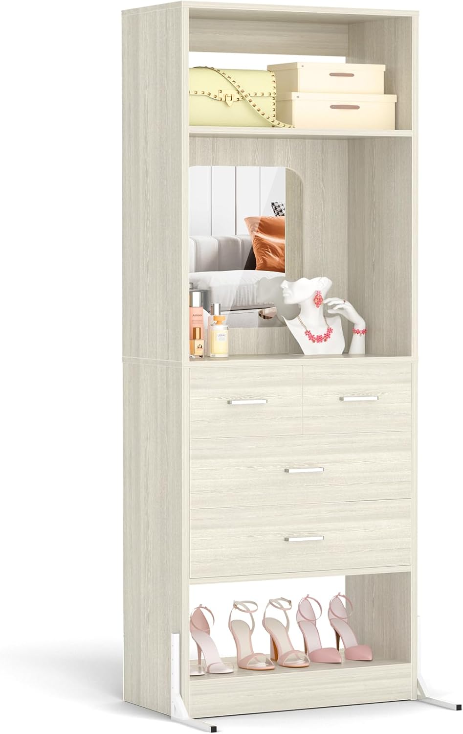 Unikito Closet Organizers and Storage with Mirror, Wood Closet System, Heavy Duty Modular Closet Organizer, Freestanding Wardrobe Armoire Walk-in Closet, Black