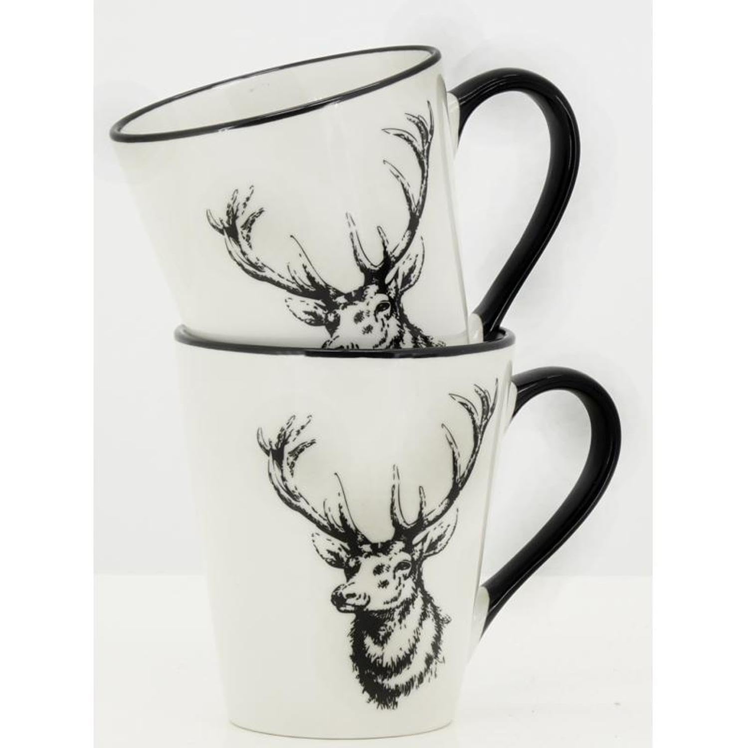 AUBRY GASPARD - Lot de 6 Tasses en Porcelaine - Blanc Brillant avec Liseré et Motif Cerf Noir - Ø 9 cm x Hauteur 10 cm - Compatibles Lave-Vaisselle et Micro-Ondes - Arts de la Table