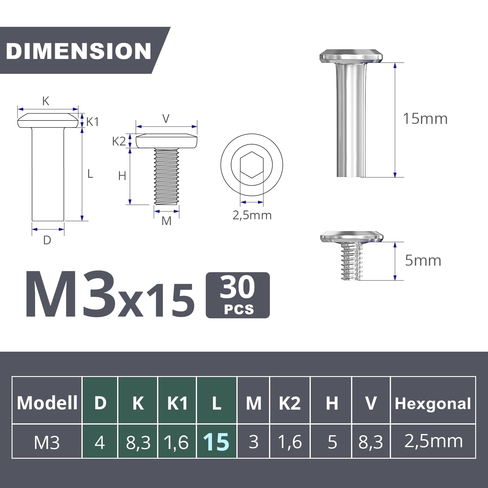 30pc M3 Furniture Connecting Screws Bolts&Sleeves(30x furniture screws,30x sleeve screws) - Image 2