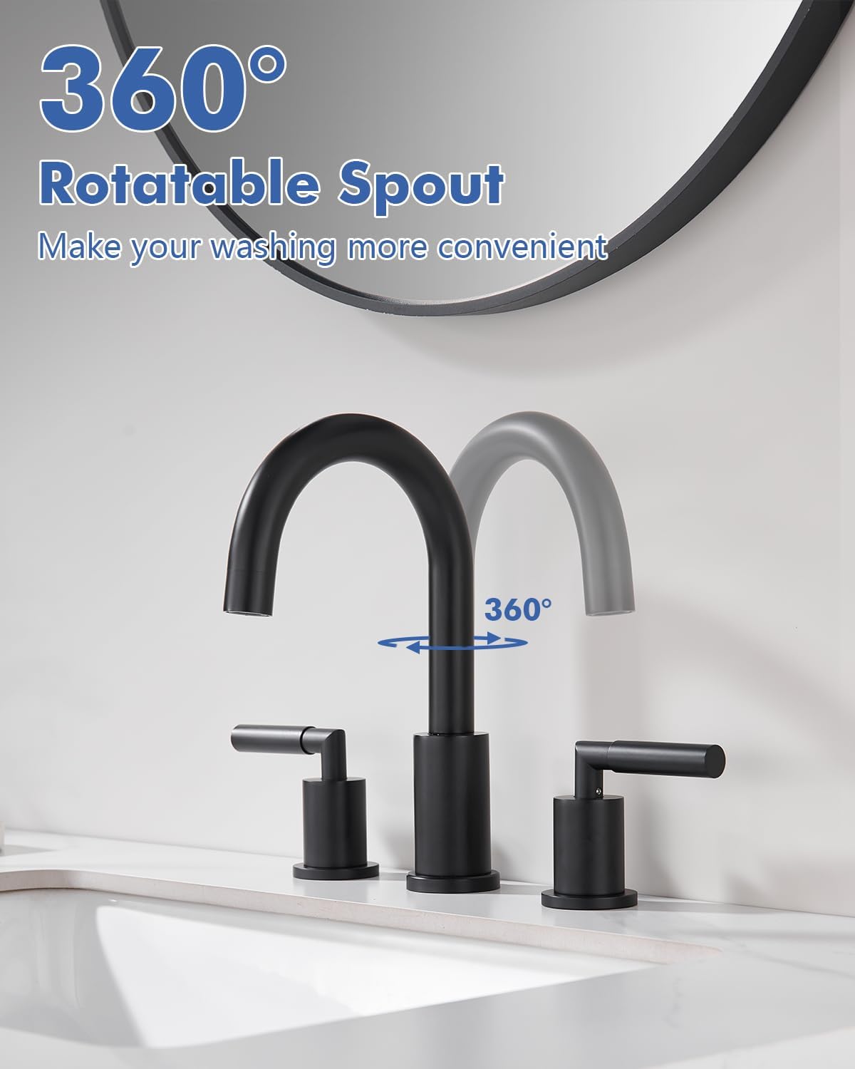 Tohlar Bathroom Faucets for Sink 3 Hole, Black Bathroom Sink Faucet with Pop Up Drain, 8 Inch Widespread Faucet 3 Pieces Basin Faucets 360 Degree Swivel Spout Two Handle with Supply Lines, Matte Black