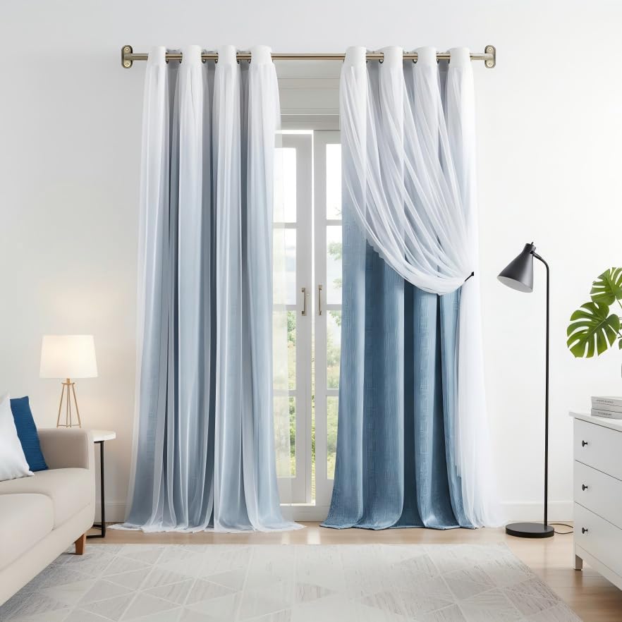 Image of Amzdecor Blue White Ombre Double Layer Full Blackout Window Curtains