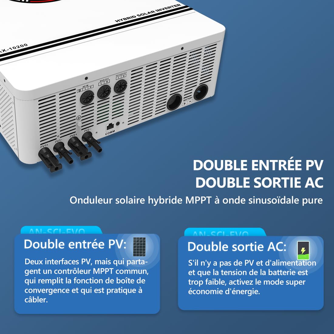 Anern 10200W Onduleur Hybride avec Régulateur Solaire 180A MPPT Entrée PV Max 500V DC48 V à AC 230 V Onduleur Solaire Entrée 2PV/Sortie 2AC Double Contrôleur MPPT avec WiFi