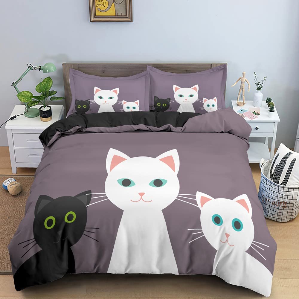 Copripiumino Matrimoniale Gatto Grigio In Microfibra - Set 260x240 Con 2 Federe 50x80, Reversibile Con Cerniera Nascosta - 3