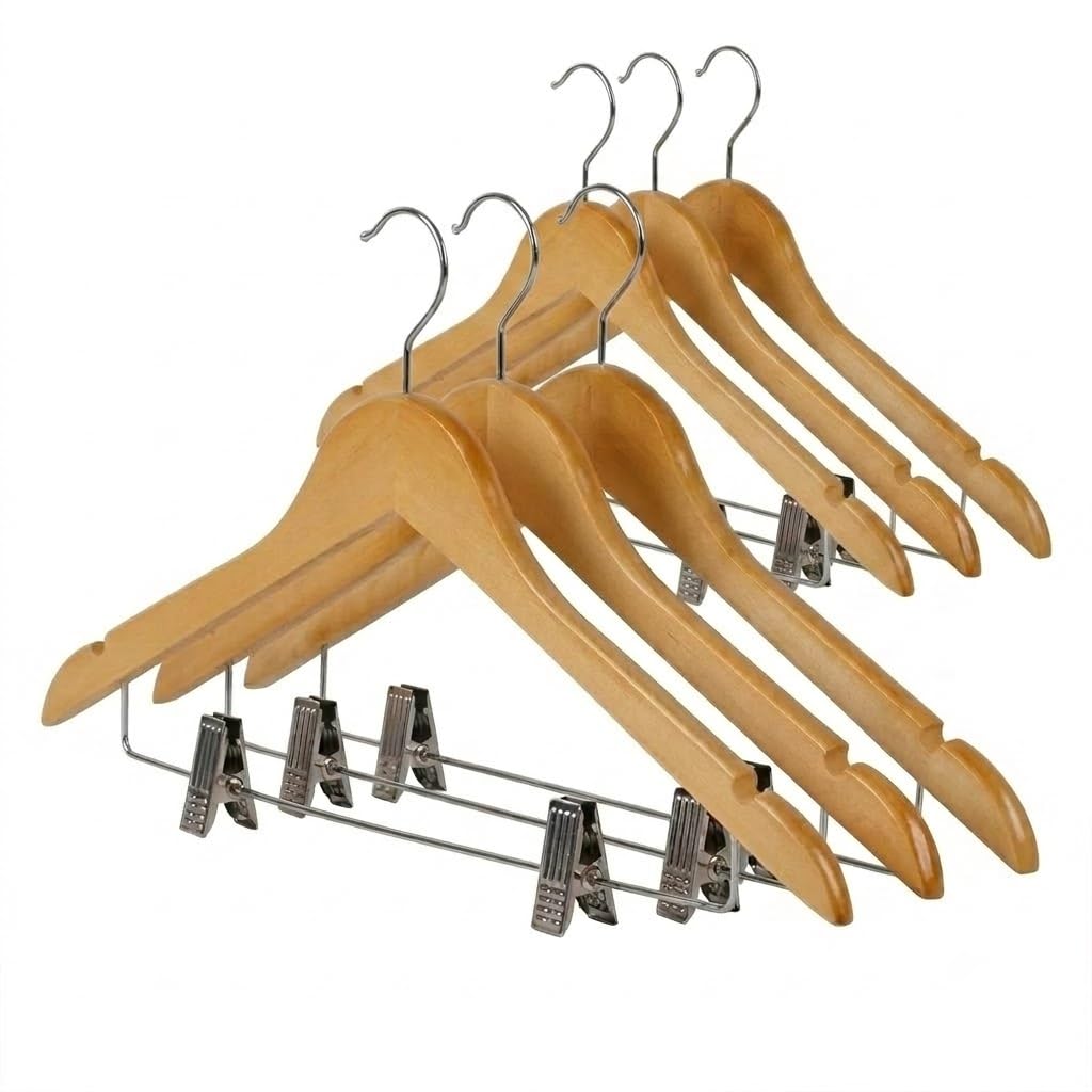 Premium Wooden Hangers with Clips (Pack of 9) - Natural Wood Coat Hangers with Metal Pant Clips, Non-Slip Notches for Clothes, Suits, Skirts & Trousers-image-18