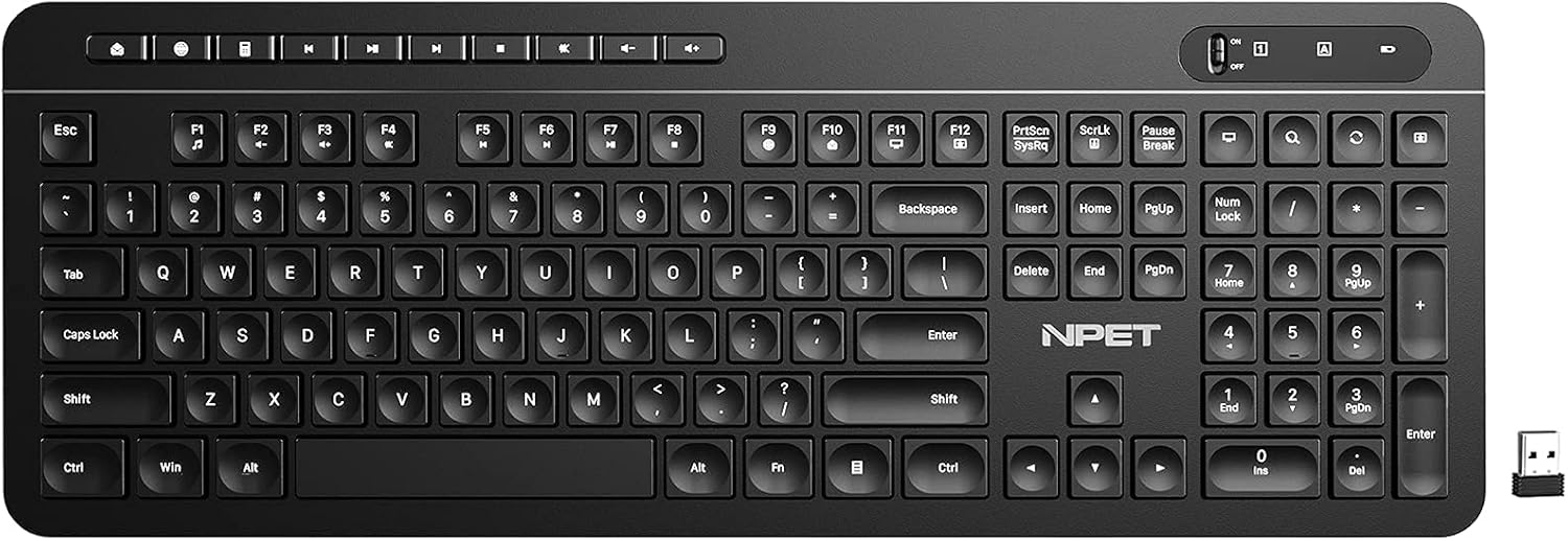 Ergonomic design features of NPET K10 keyboard, showing keycap height and adjustable feet