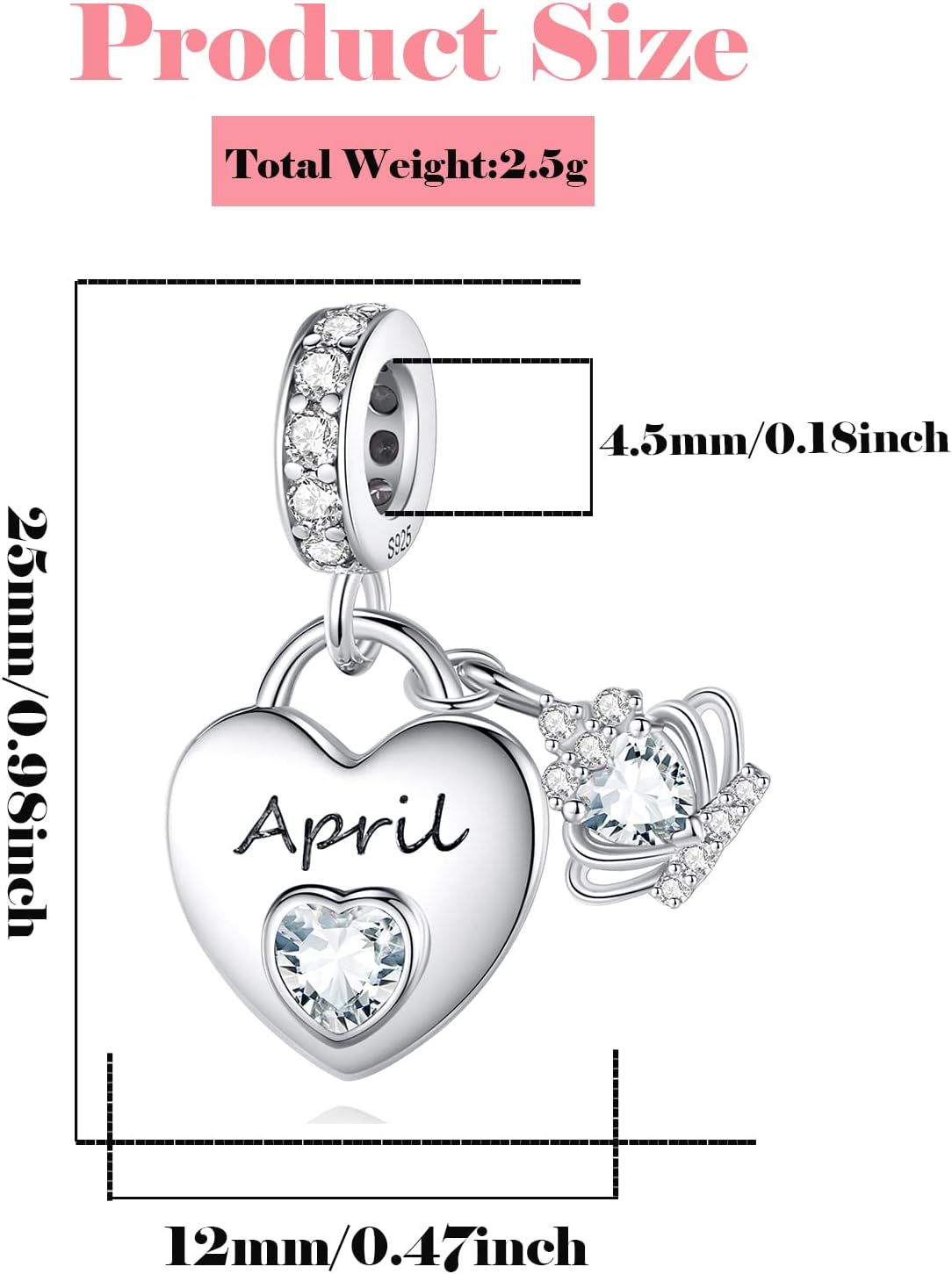 Birthstone Charms for Charms Bracelet: 925 Sterling Silver Heart Dangle Charms for Bracelets and Necklaces, Birthday Mother's Day Christmas Gifts For Women. - Image 6