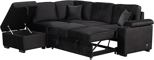 DEINPPA Sofá modular de 129.5 pulgadas con cama extraíble y puerto de carga USB, juegos de muebles de felpilla para sala de estar, sofá seccional