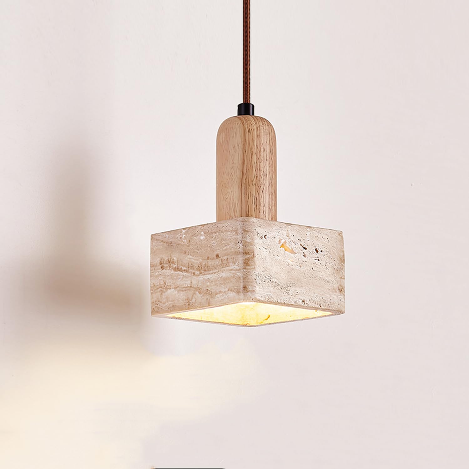 MTNROO Travertine Bedroom Hanging Light Mid Century E27 Base Pendant Lamp Bedroom Bedside Elegant Ceiling Light Chandelier with Wood Decoration Lighting Fixture for Foyer Coffee Shop Restaurant