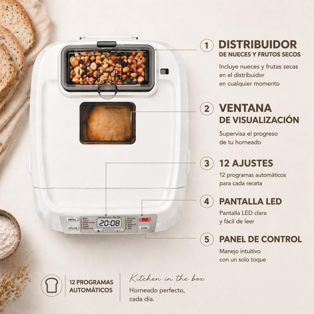 Kitchen in the box Panificadora de Pan Sin Gluten, 900g, 12 Programas, 3 Niveles de Tostado, Dispensador Extraíble, Libre de Amasar, Tapa Visor y Fácil Limpieza, Máquina de Pan Ideal Casero Saludable