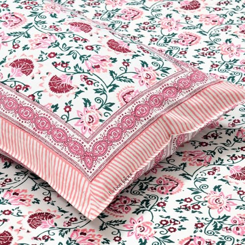 Urban Jaipur Pure Cotton Bedsheet for King and Queen Size Bed (90x108 Inches) | Jaipuri Bedsheet for Double Size Bed with 2 Pillow Covers - Soft and Breathable (Orange, Beige) (Floral Pink)