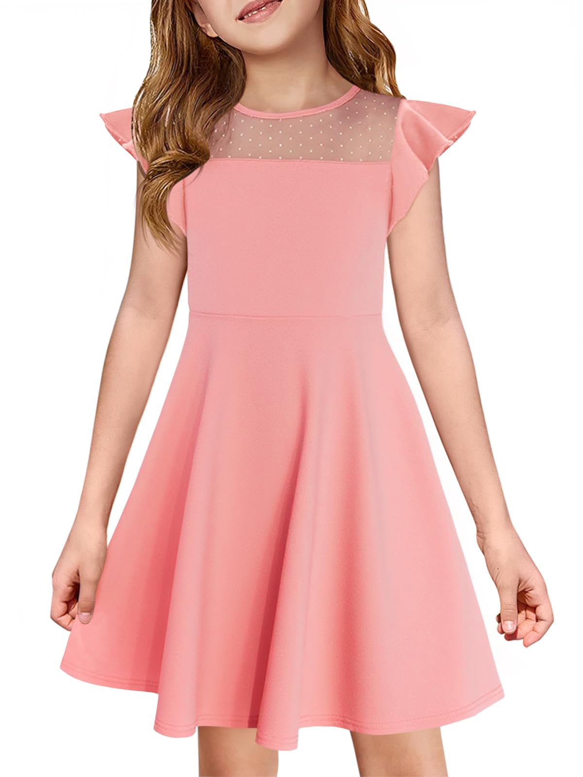 Haloumoning Girls Dress Summer Ruffle Sleeve Mesh A Line Casual Party Dresses with Pockets for Kids 4-14 Years