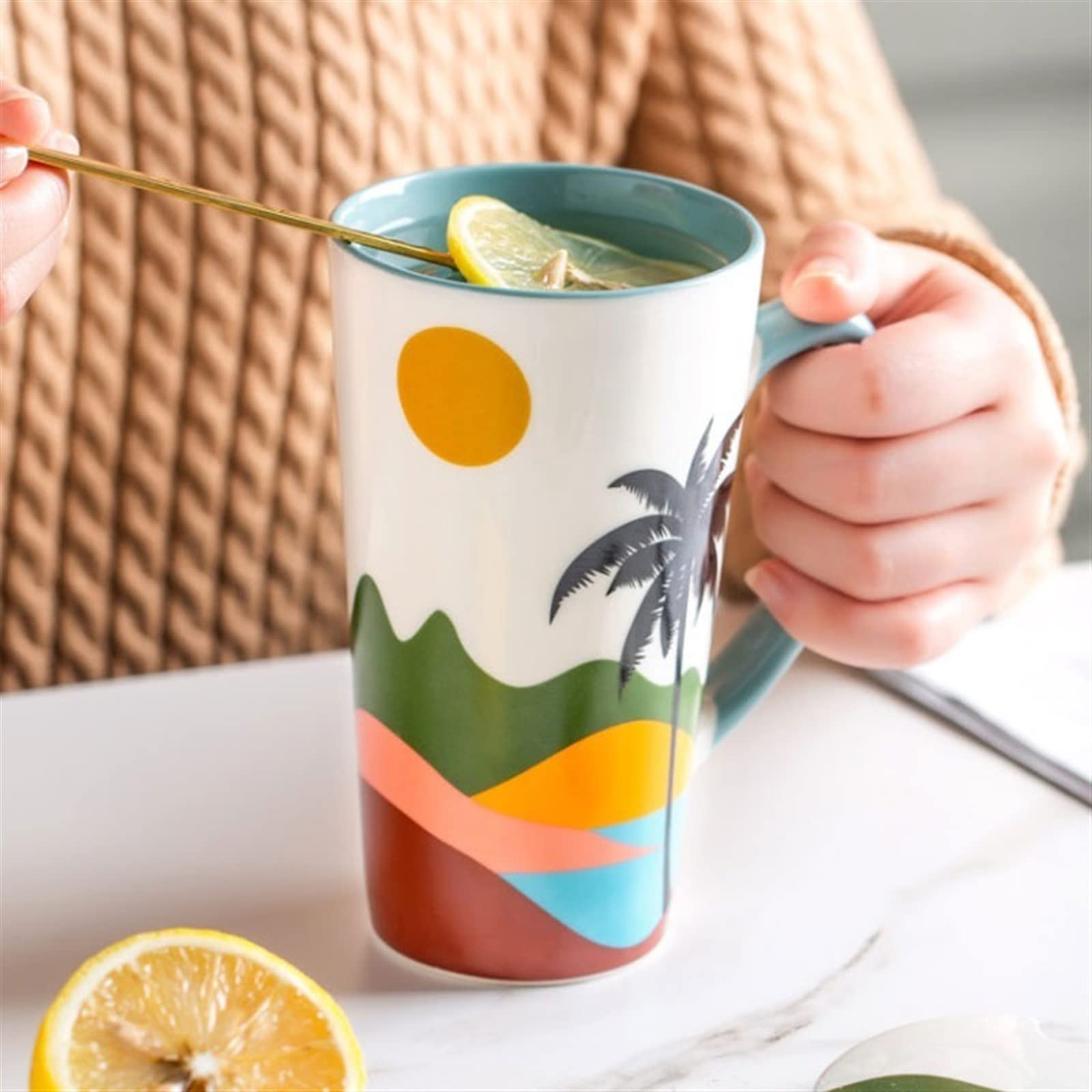 Kubek do picia 500 ml, duży kubek z pokrywką, łyżeczka, kubek do mleka, kubek do kawy, kubek z porcelany kostnej, kubek do wody biurowej, kubek do kawy (D) (C)