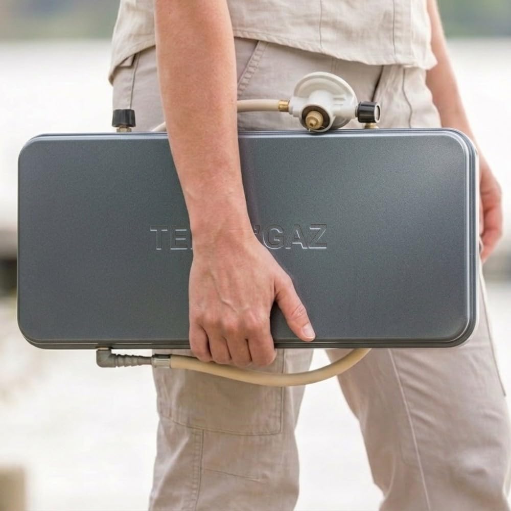 TERRE JARDIN Réchaud de Camping 2 Feux à Gaz - Gazinière Portable avec Couvercle - Plaque de Cuisson Double Brûleur pour Camping, Bivouac et Extérieur