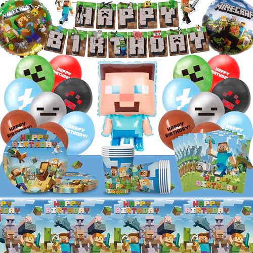 Decoração de aniversário Mine-Craft, conjunto de louça de 63 peças para festa de Miner temático para Miner, aniversários, incluindo bandeira, copos, guardanapos, toalhas de mesa, pratos de papel
