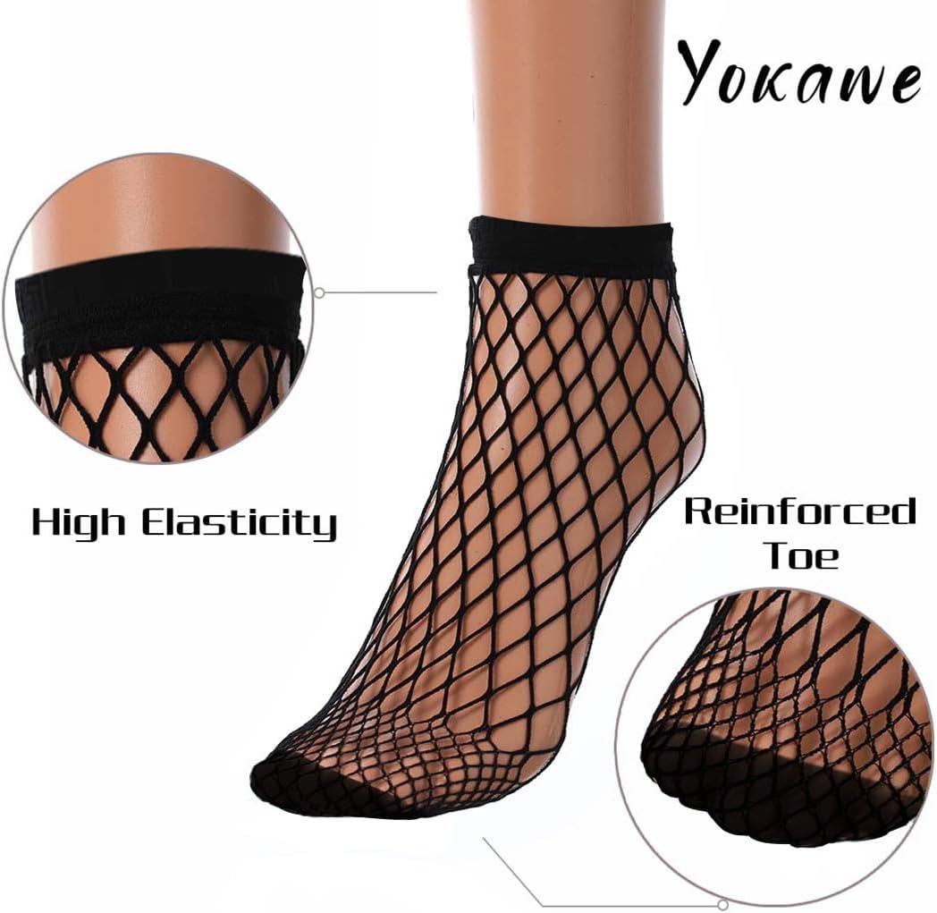 Yokawe Fishnet Socks Black Mesh Sheer Lace Dress Sock Ultra Thin Anklet Sock for Women and Girls (3Pair)